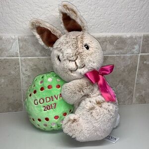 Godiva Plush Bunny Rabbit with Pink Ribbon and Green 2017 Fillable Easter Egg